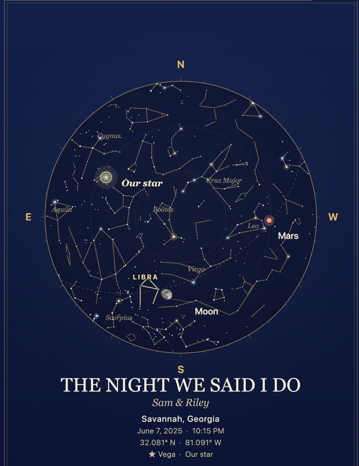 A cream star map titled 'The Night We Said I Do' in a gold frame above a marble console with white peonies and champagne glasses.