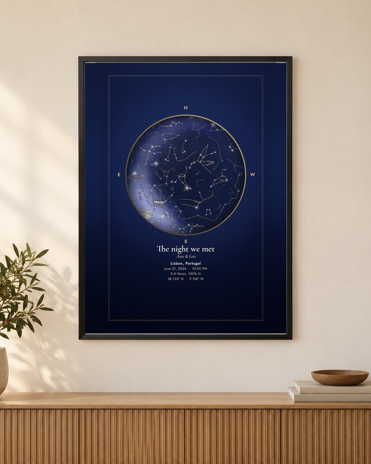 Framed print with an example star map for night sky on any date