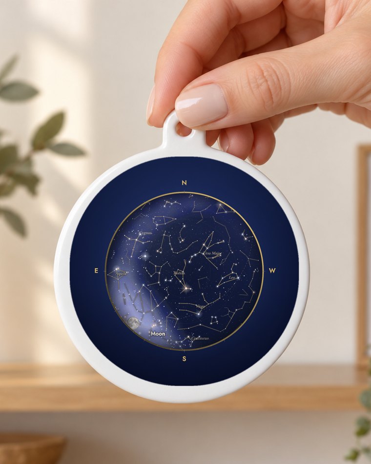 Ornament with an example star map for night sky on any date