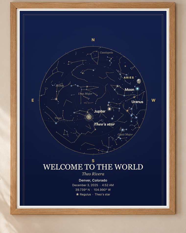 Printable file with an example star map for night sky on any date